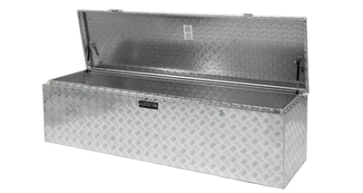 Large Single Opening Checker Plate Aluminium Tool Box with Secure Locks Open Lid