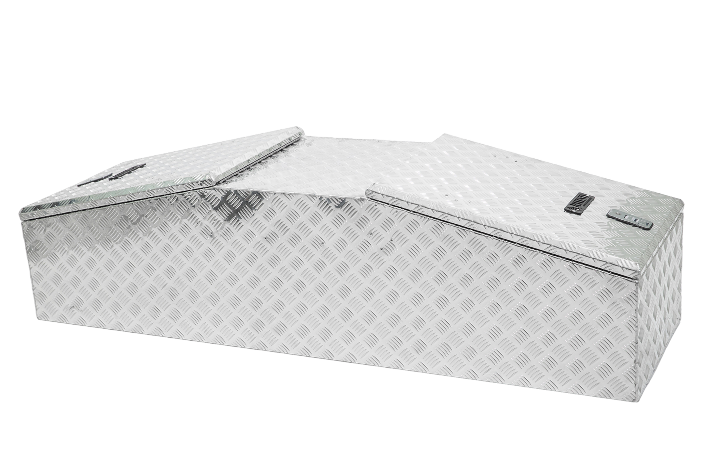 Raked Gull Wing Checker Plate Aluminium Tool Box with Compression Locks Isometric View